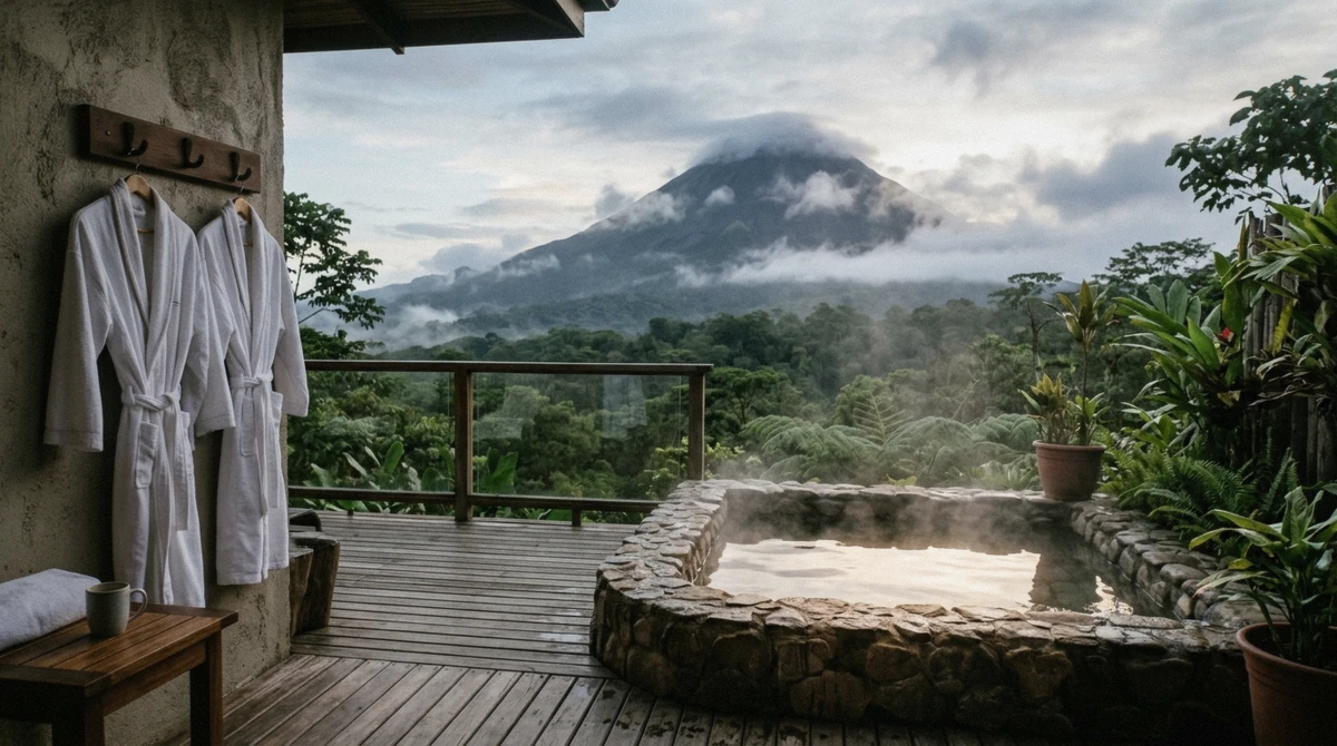 A hotel terrace with a private thermal plunge pool facing Arenal, La Fortuna hot springs, Costa Rica