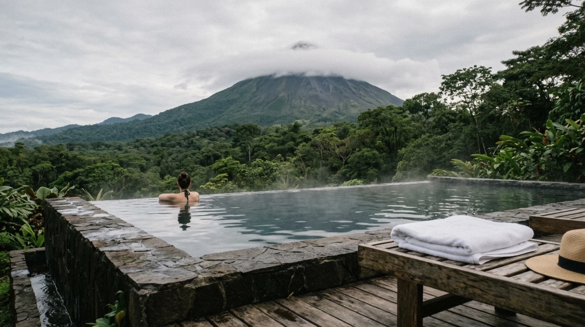 A thermal infinity pool facing Arenal Volcano in cloud at a La Fortuna hot springs, Costa Rica
