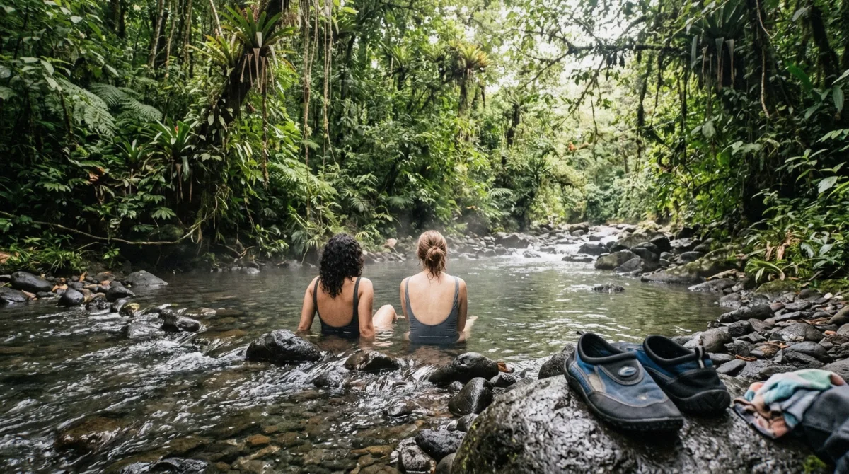 Two travellers soaking in a warm rainforest river near the La Fortuna hot springs, Costa Rica