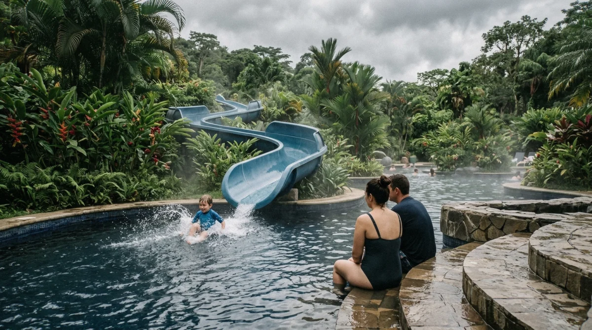 A thermal pool with a waterslide at a family hot springs park in La Fortuna, Costa Rica