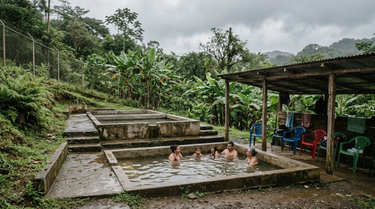 Simple family-run thermal pools on a slope at a budget La Fortuna hot springs, Costa Rica