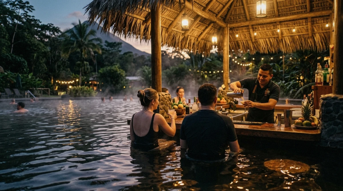 A swim-up bar in a steaming thermal pool at dusk at a La Fortuna hot springs resort, Costa Rica